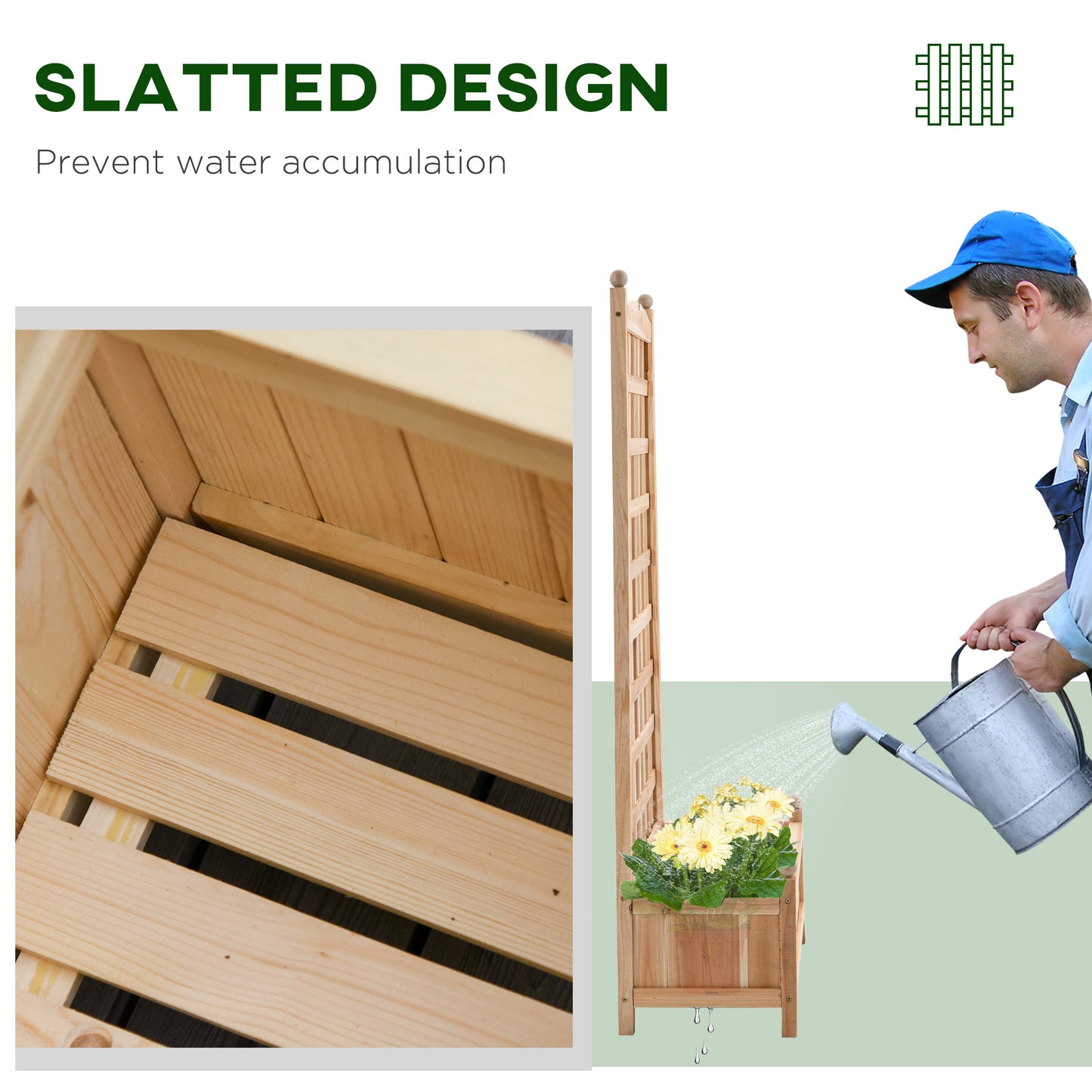 Wooden Raised Garden Bed with Trellis, Outdoor Planter Box with Drainage Crevices for Climbing Vine Plants Flowers, 24" x 12" x 49"