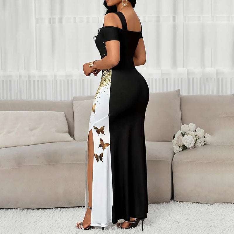 Women's Colored-Block Butterfly Print Maxi Dress