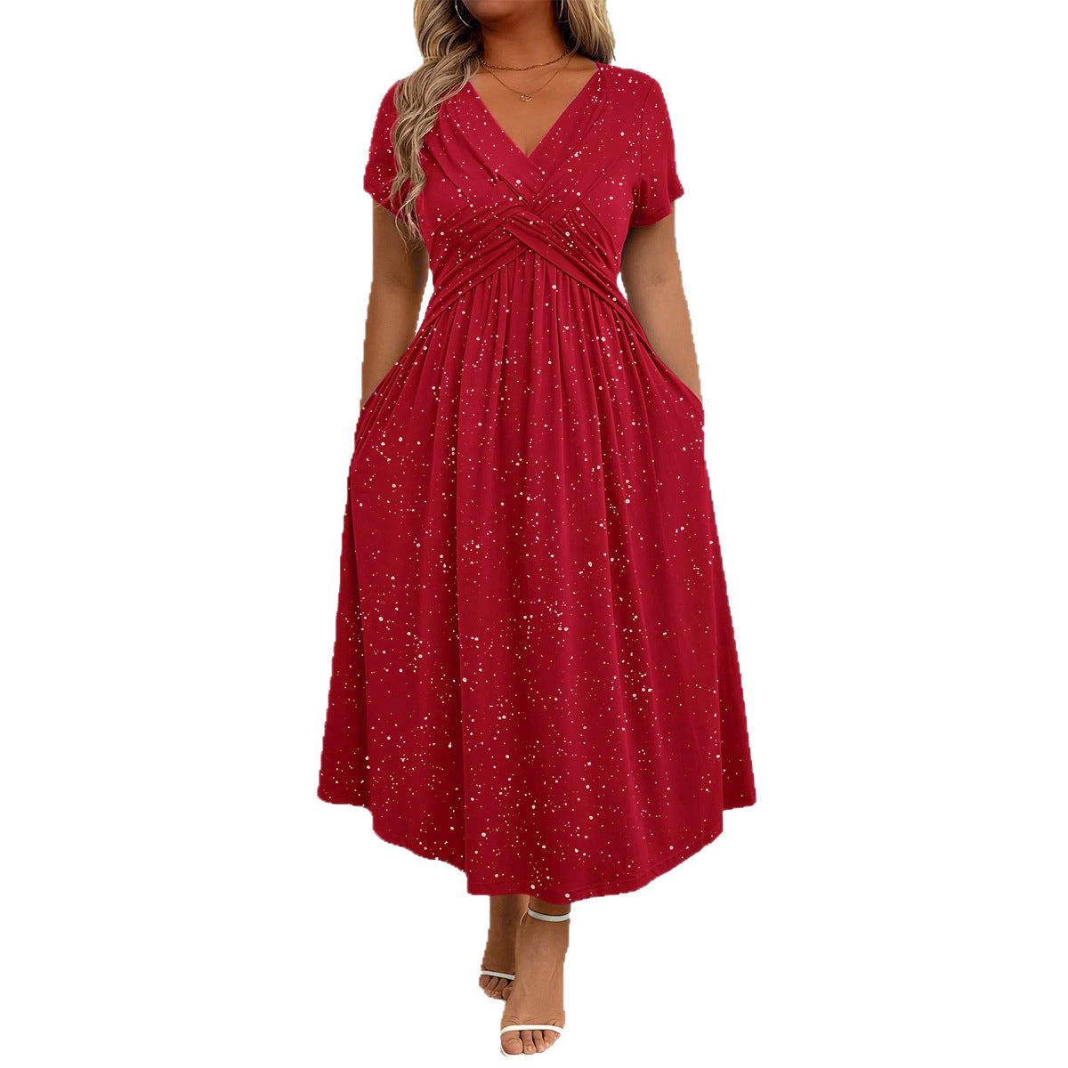Women's Elegant Dress - Vneck Shimmering Powder Finish Twisted Ribbon