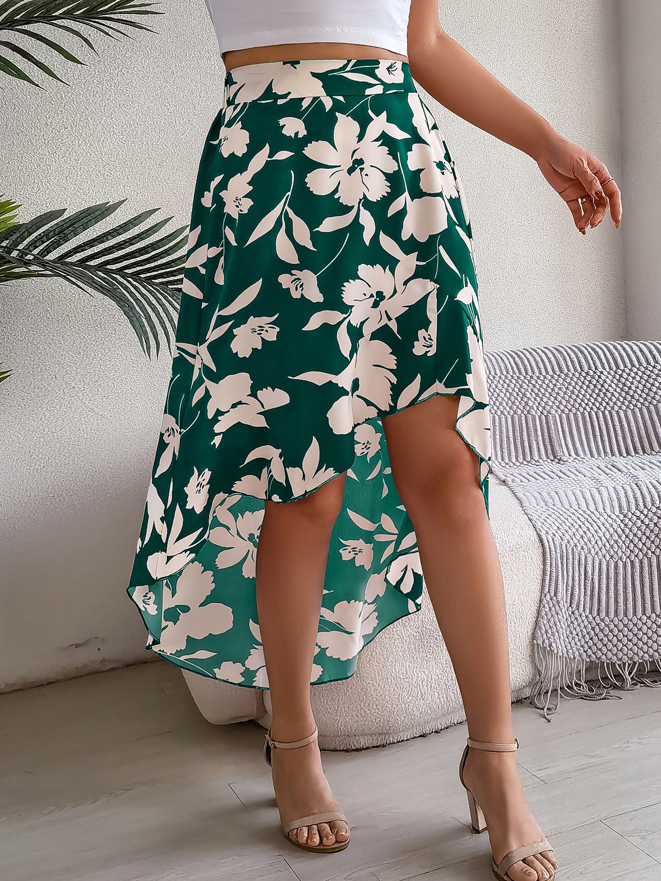 Elegant Floral Print Ruffle Hem Midi Asymmetric Skirt