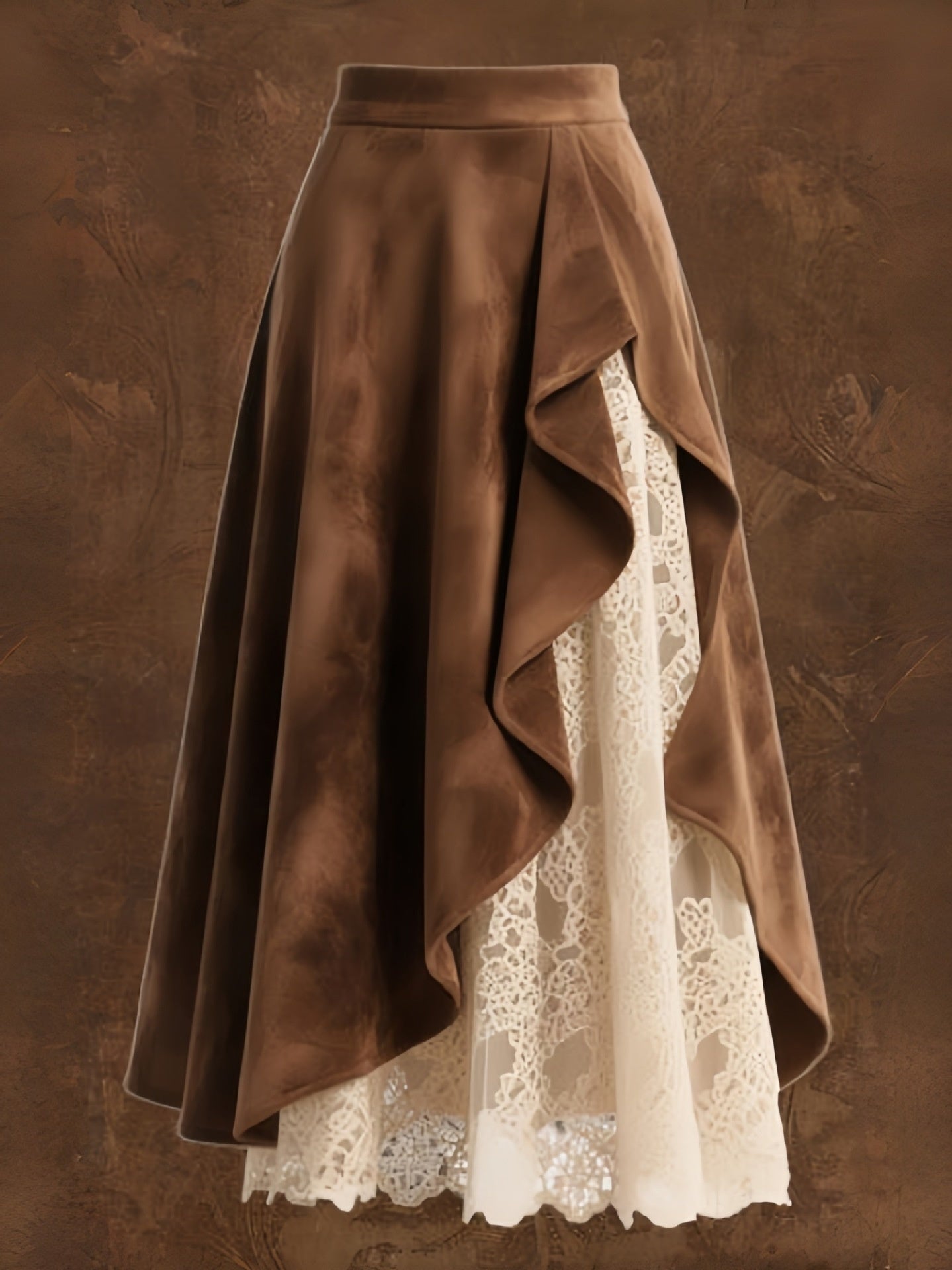 Retro Western-Style Suede & Lace Skirt