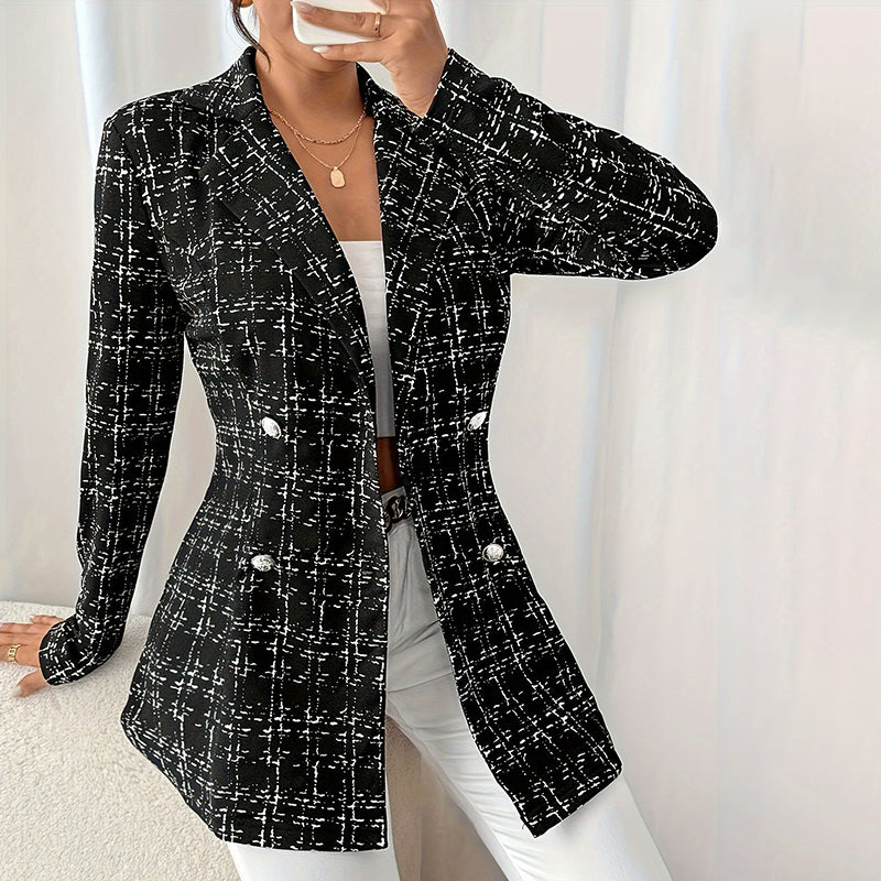 Elegant Women's Plaid Double-Breasted Blazer
