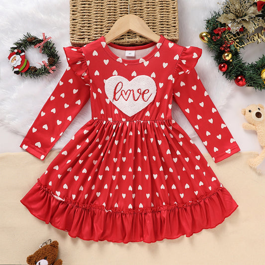 Toddler Girl's Cute 'LOVE' Embroidered Dress/Heart Print
