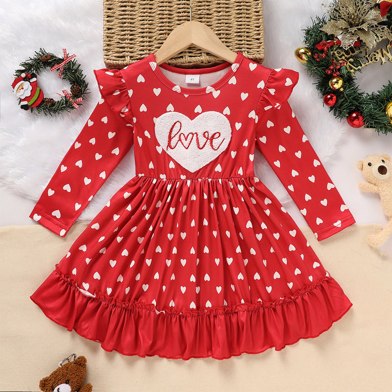 Toddler Girl's Cute 'LOVE' Embroidered Dress/Heart Print