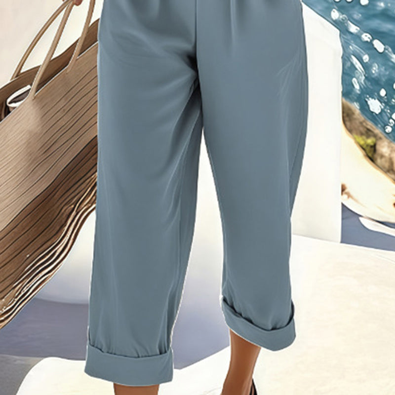 Women's 2-Piece Set Short Sleeve Cross V-Neck Top With Ruched Detail & Wide Leg Jumpsuit