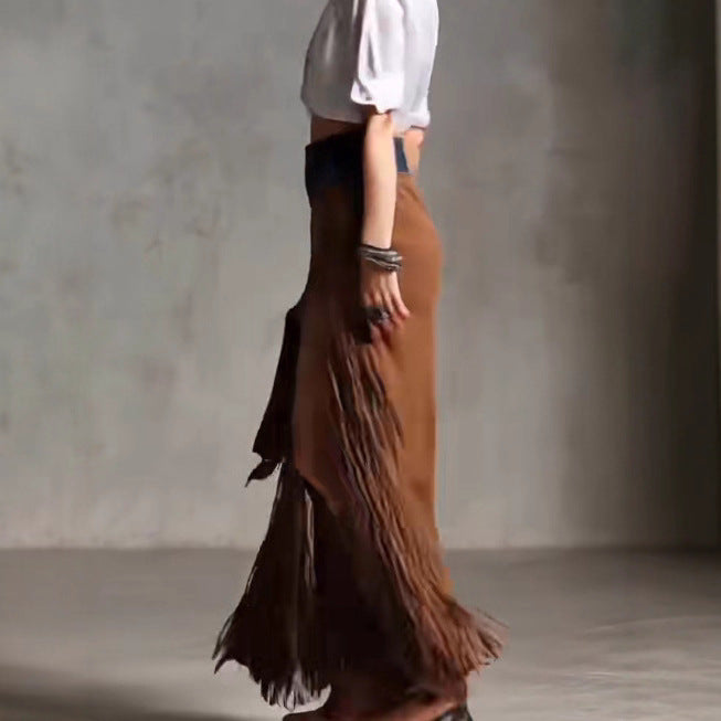 Asymmetrical Tassel Suede Skirt