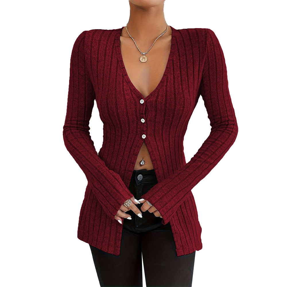 European & American - French Sexy Style V-neck T-shirt Long Sleeve Crop Top