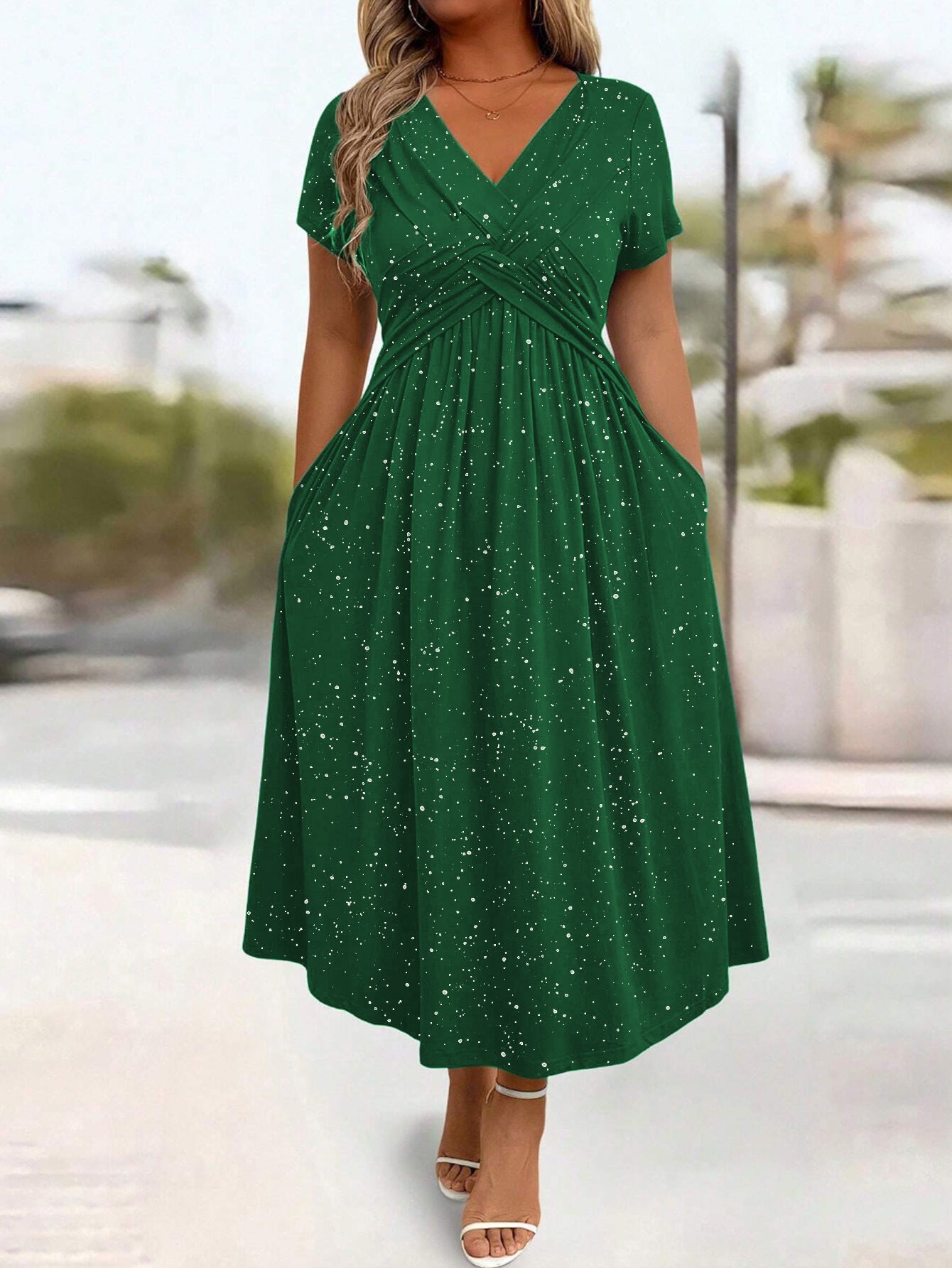 Women's Elegant Dress - Vneck Shimmering Powder Finish Twisted Ribbon