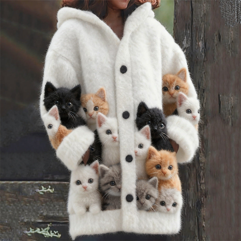 Cat Pattern 3D Printed Casual Hooded Cape Jacket