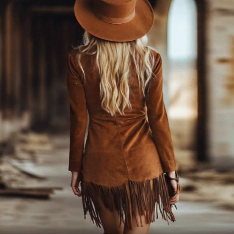 Women's Western Style V-Neck Long Sleeve Solid Color Mini Dress