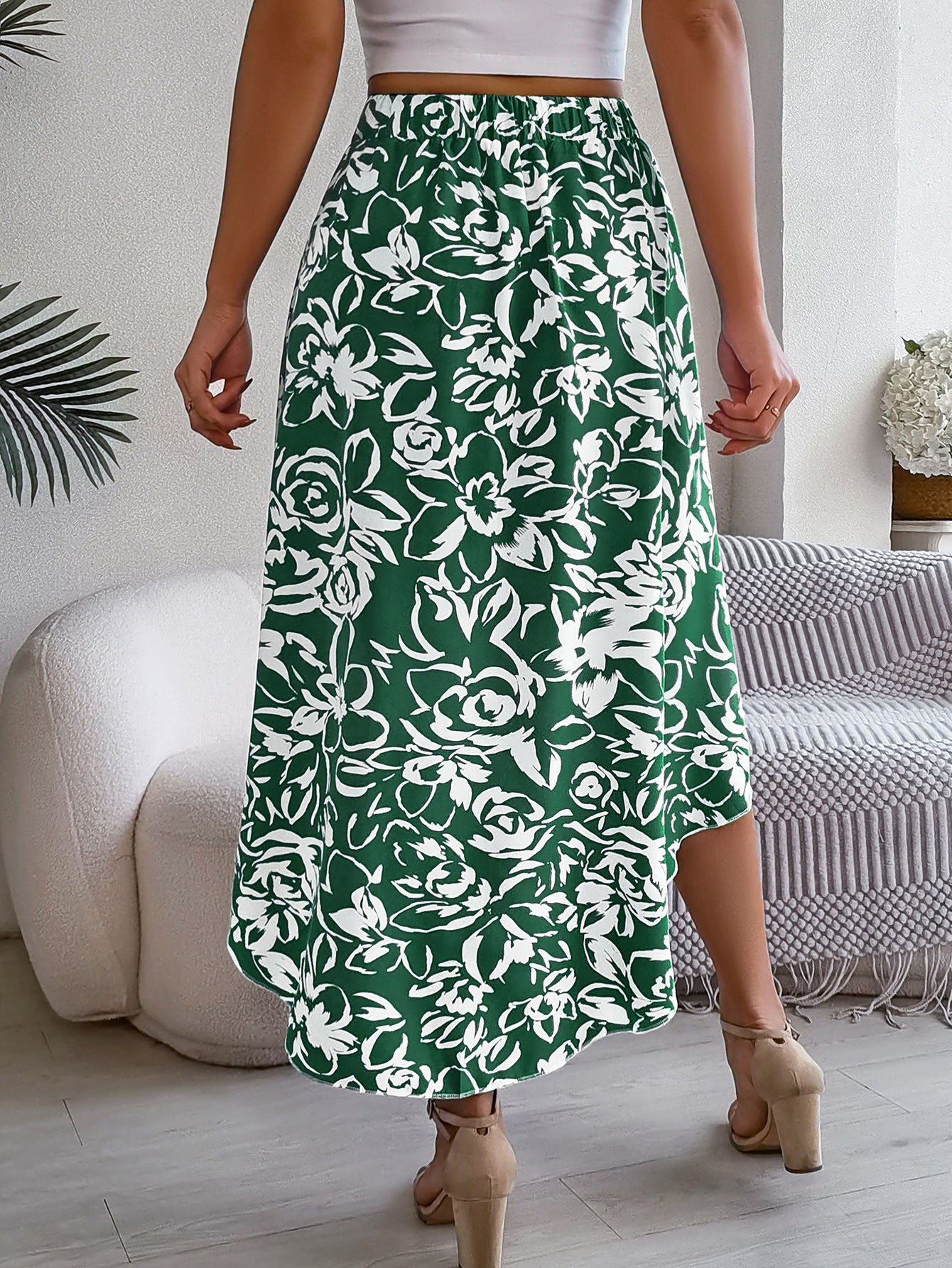 Floral Print Ruffle Hem Midi Asymmetric Skirt