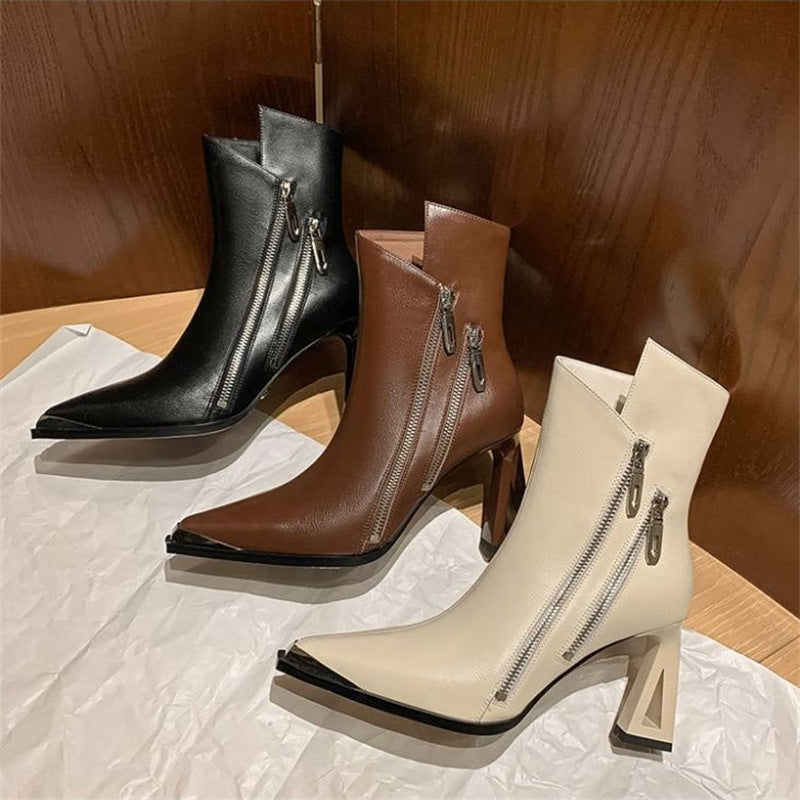 Pointed-Toe Chunky-Heel Side-Zip Boots