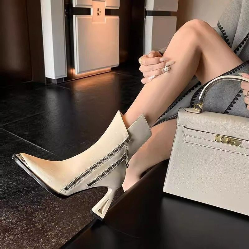 Pointed-Toe Chunky-Heel Side-Zip Boots