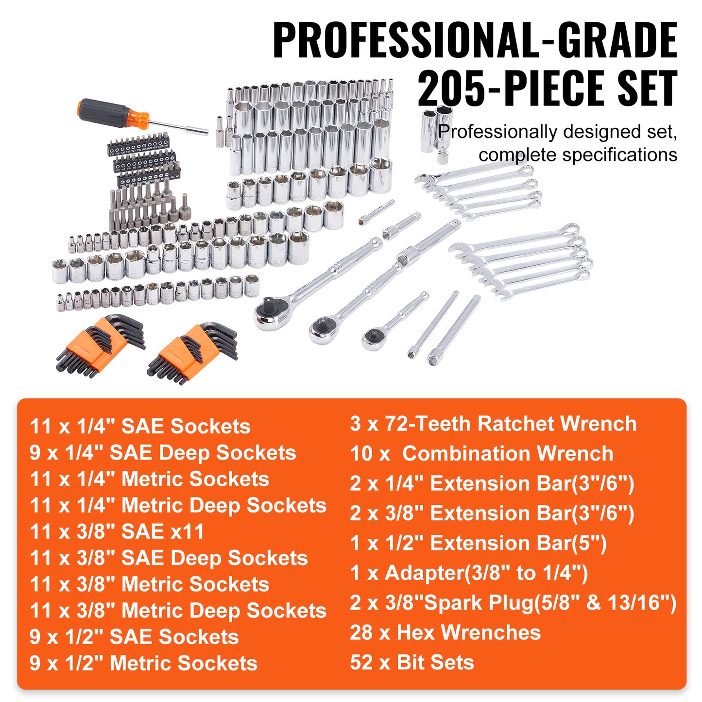 V205pcs Mechanics Tool Set And Socket Set, 1/4" 3/8" 1/2"