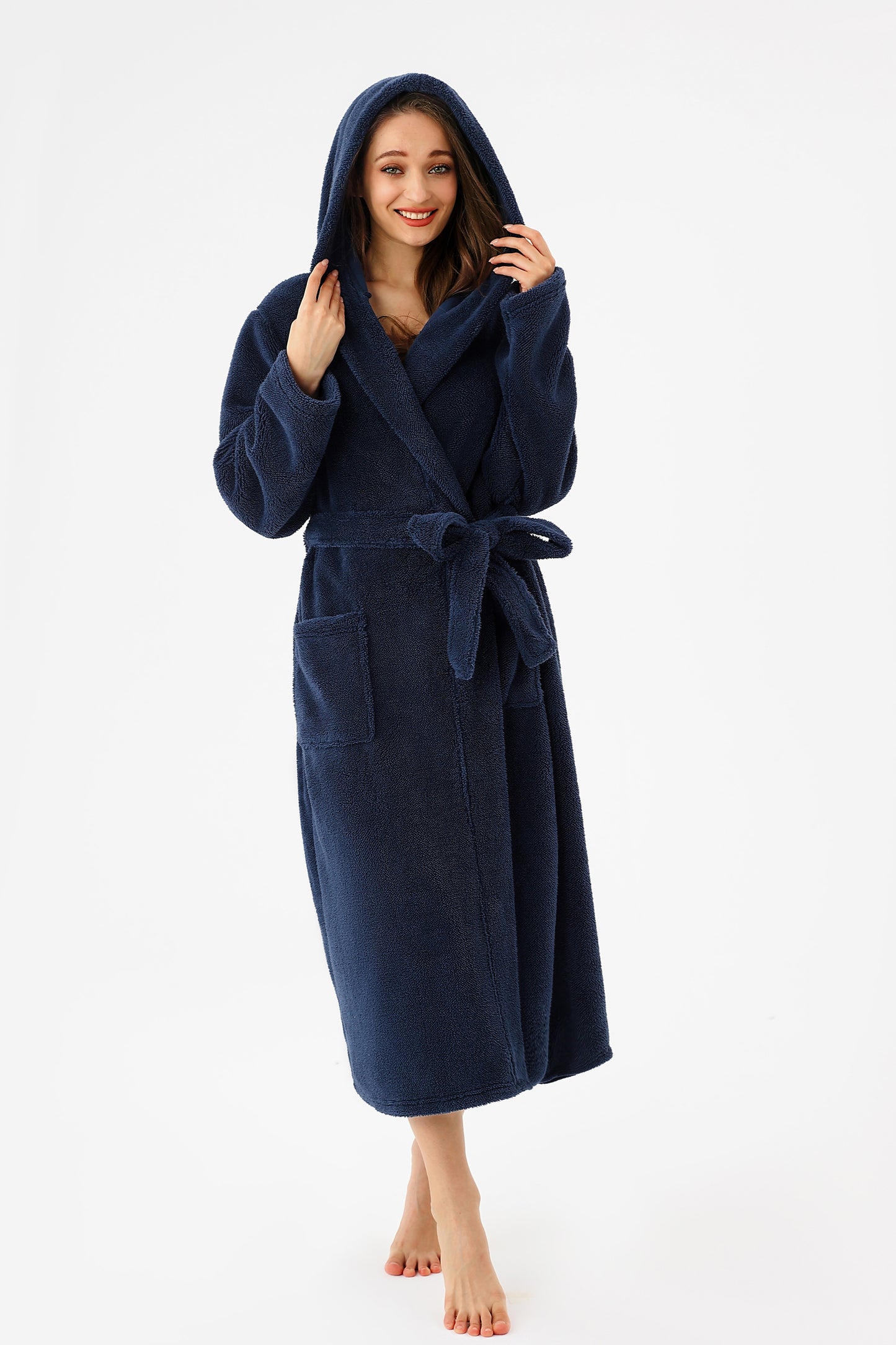 Women's Hooded Robe Long Plush Fleece Bathrobe