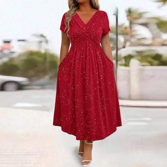 Women's Elegant Dress - Vneck Shimmering Powder Finish Twisted Ribbon