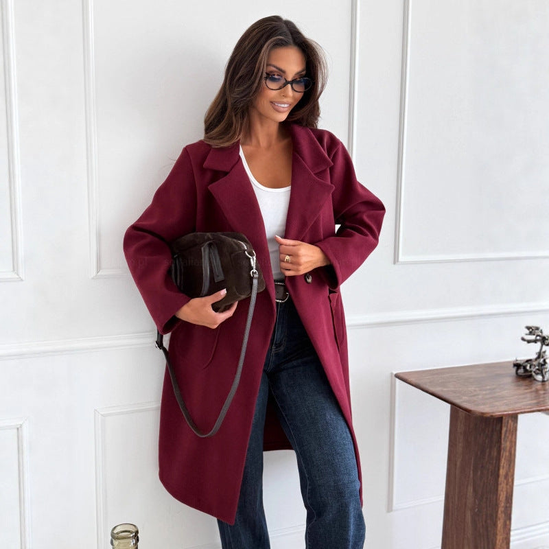 Women's Simple Solid Color Long Sleeve Single-breasted Wool Coat