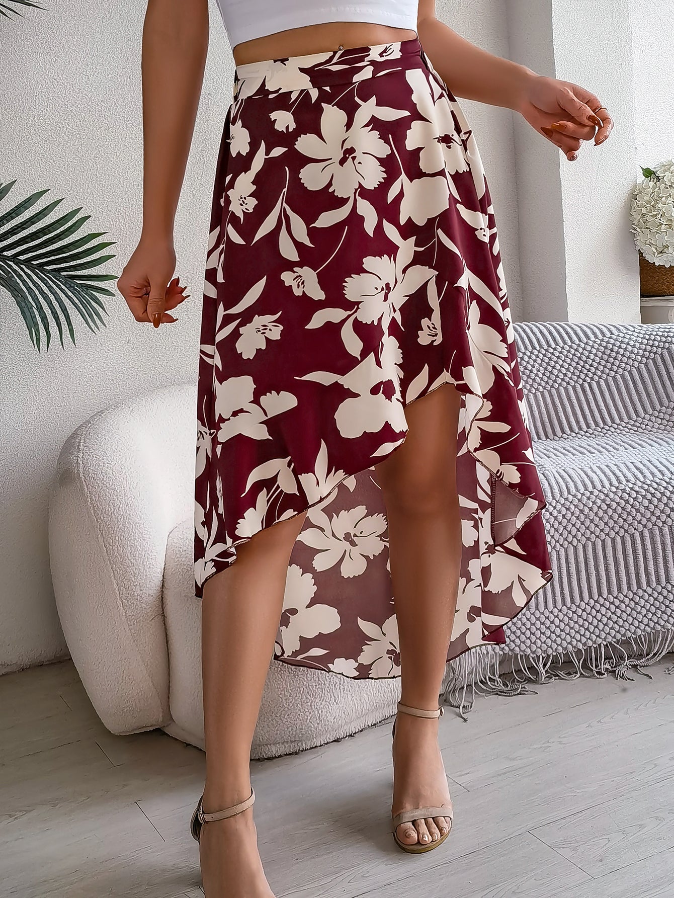 Elegant Floral Print Ruffle Hem Midi Asymmetric Skirt