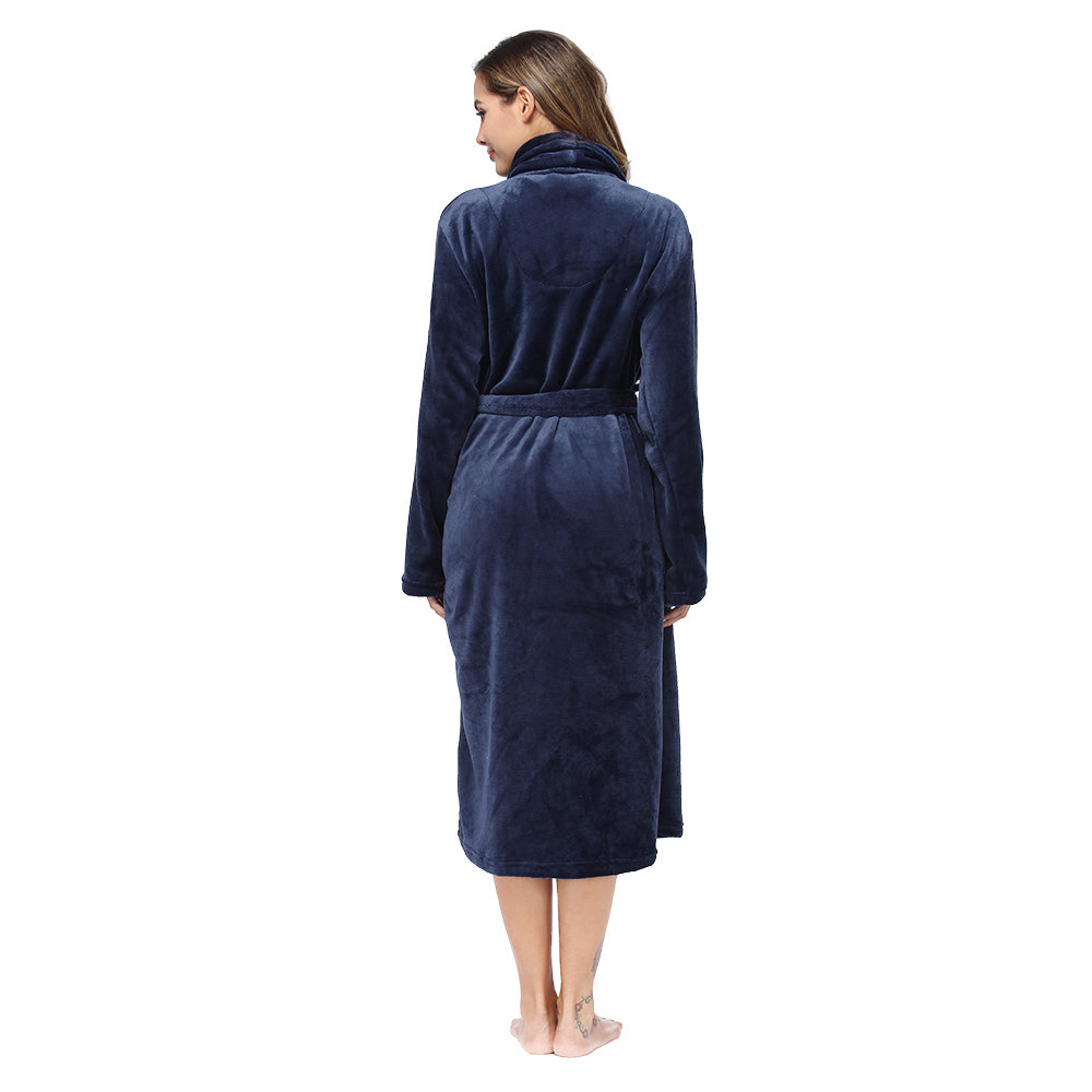 Solid Color Collar Robe For Women In Navy Blue