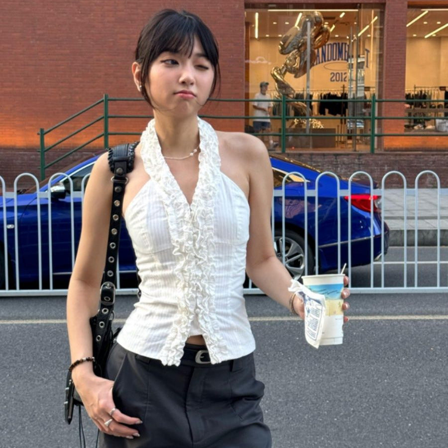 French-Style Pure & Sexy Ruffled Halter Sleeveless Camisole Cardigan