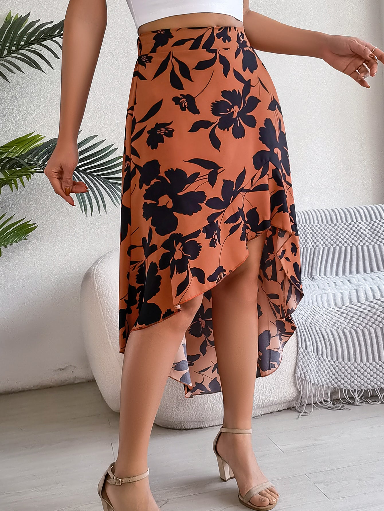 Elegant Floral Print Ruffle Hem Midi Asymmetric Skirt
