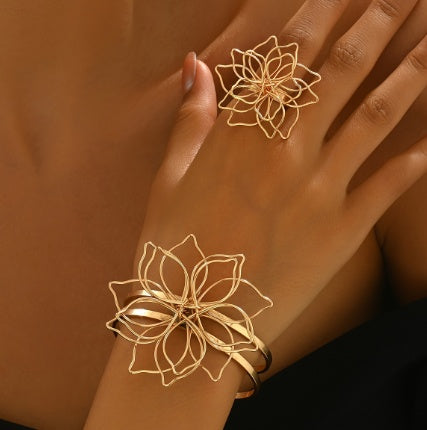 Jewelry Set, Elegant Geometric Lattice Flower Ring, Inlaid Lattice Line Flower Bracelet