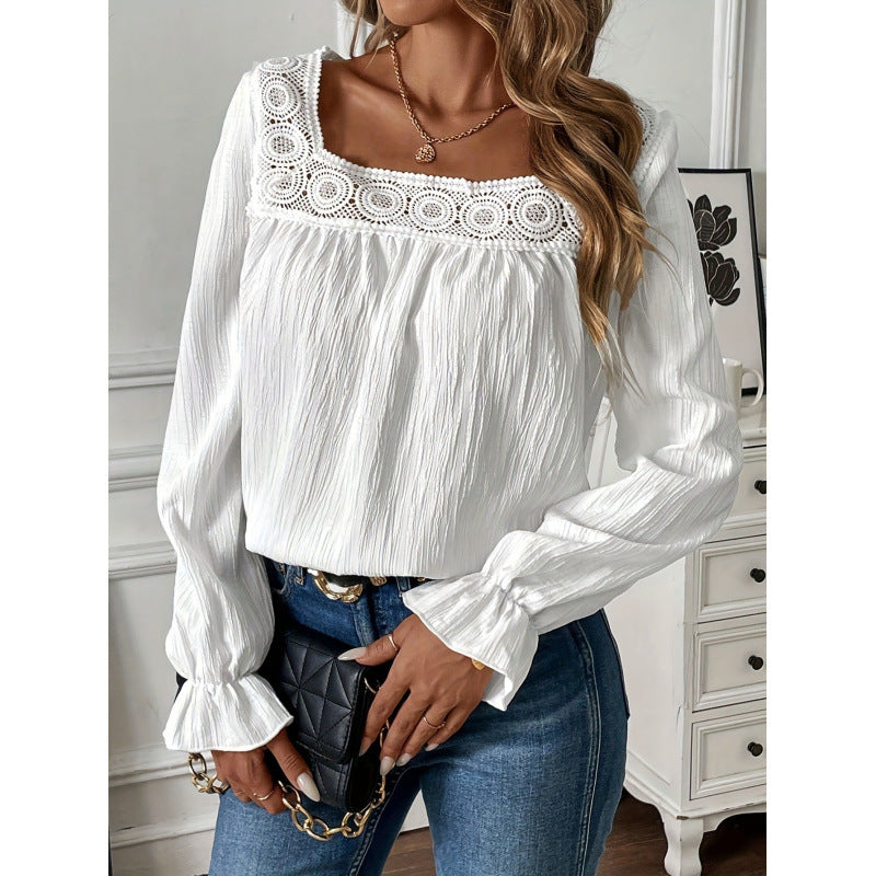 Women's Lace-Collar Long-Sleeve Loose Top