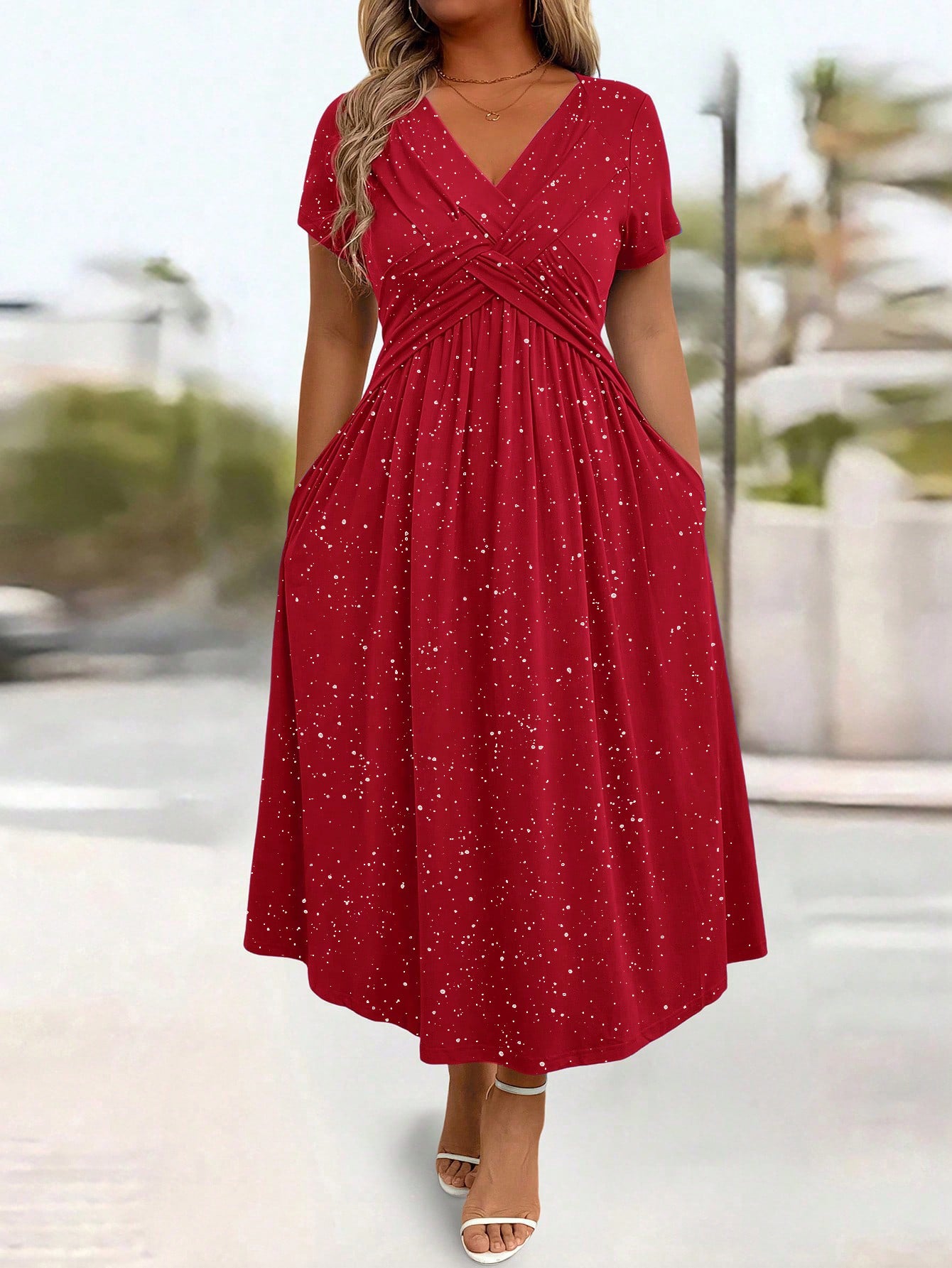 Women's Elegant Dress - Vneck Shimmering Powder Finish Twisted Ribbon