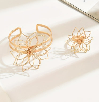 Jewelry Set, Elegant Geometric Lattice Flower Ring, Inlaid Lattice Line Flower Bracelet