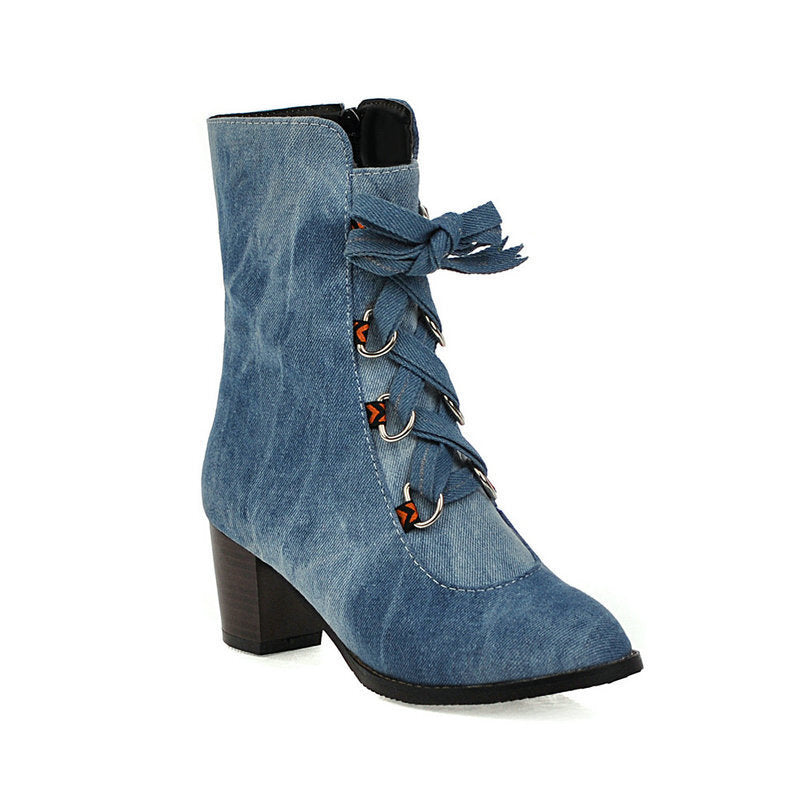 Korean Style Denim Winter Boots Lace-Up Design