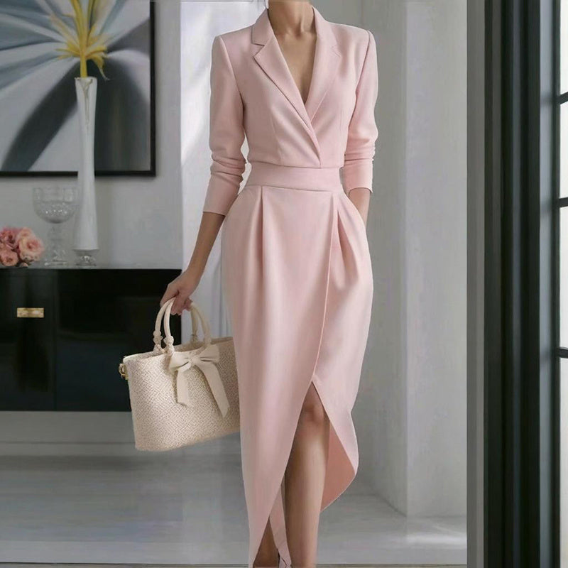 Women's Solid Lapel Midi Dress