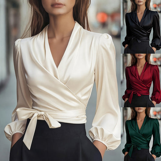 Women's Elegant Solid Color V-Neck Satin Long Sleeve Blouse