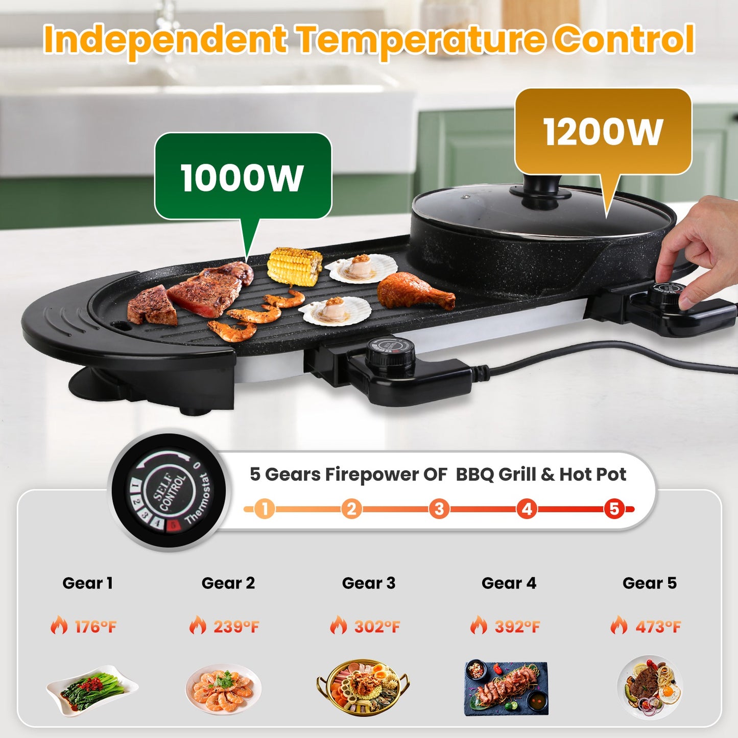 2200W 2 In 1 Electric Hot Pot With BBQ Grill Cooker