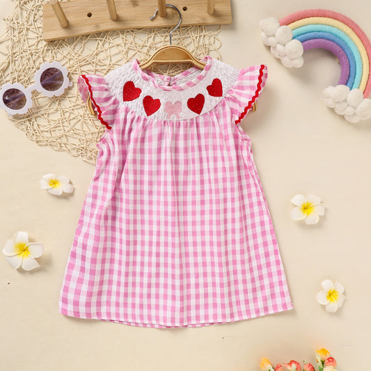 Baby Girls Dress Pink Plaid With Heart Embroidery
