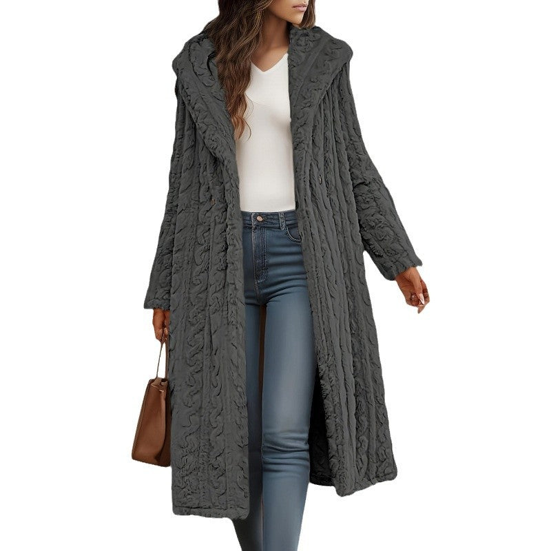 Women's Long Solid Color Long Sleeve Hooded Wool Coat
