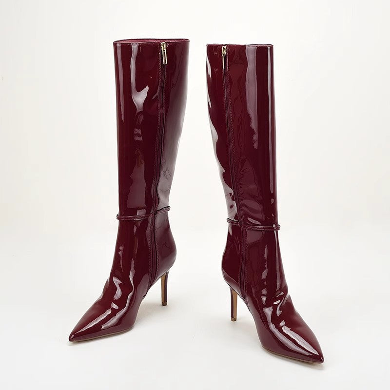 Stiletto-Heeled Leather Belt-Buckle Zip Thigh-high Boots