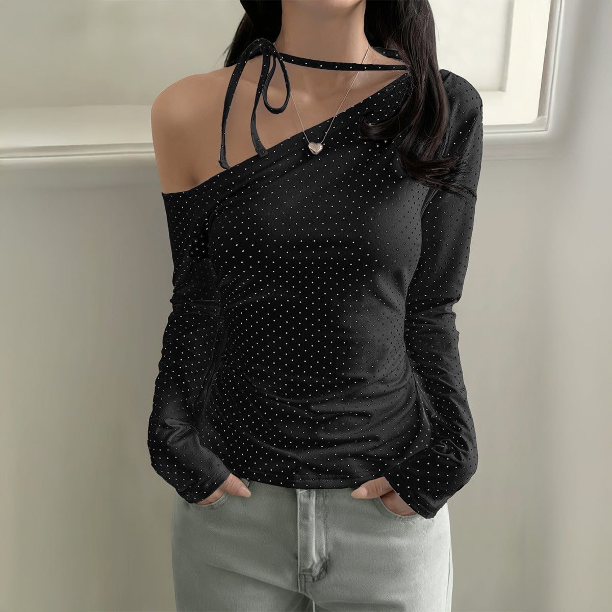 Women's Versatile Cat-Print Lace-Up Long-Sleeve T-Shirt