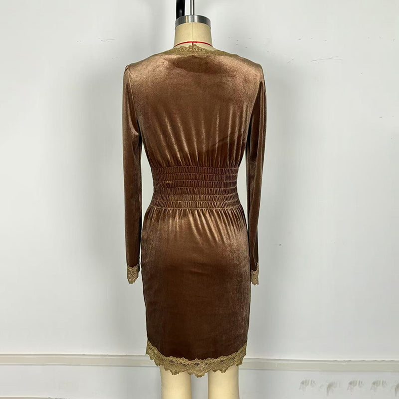 Women's Velvet Lace Trim Bodycon Dress