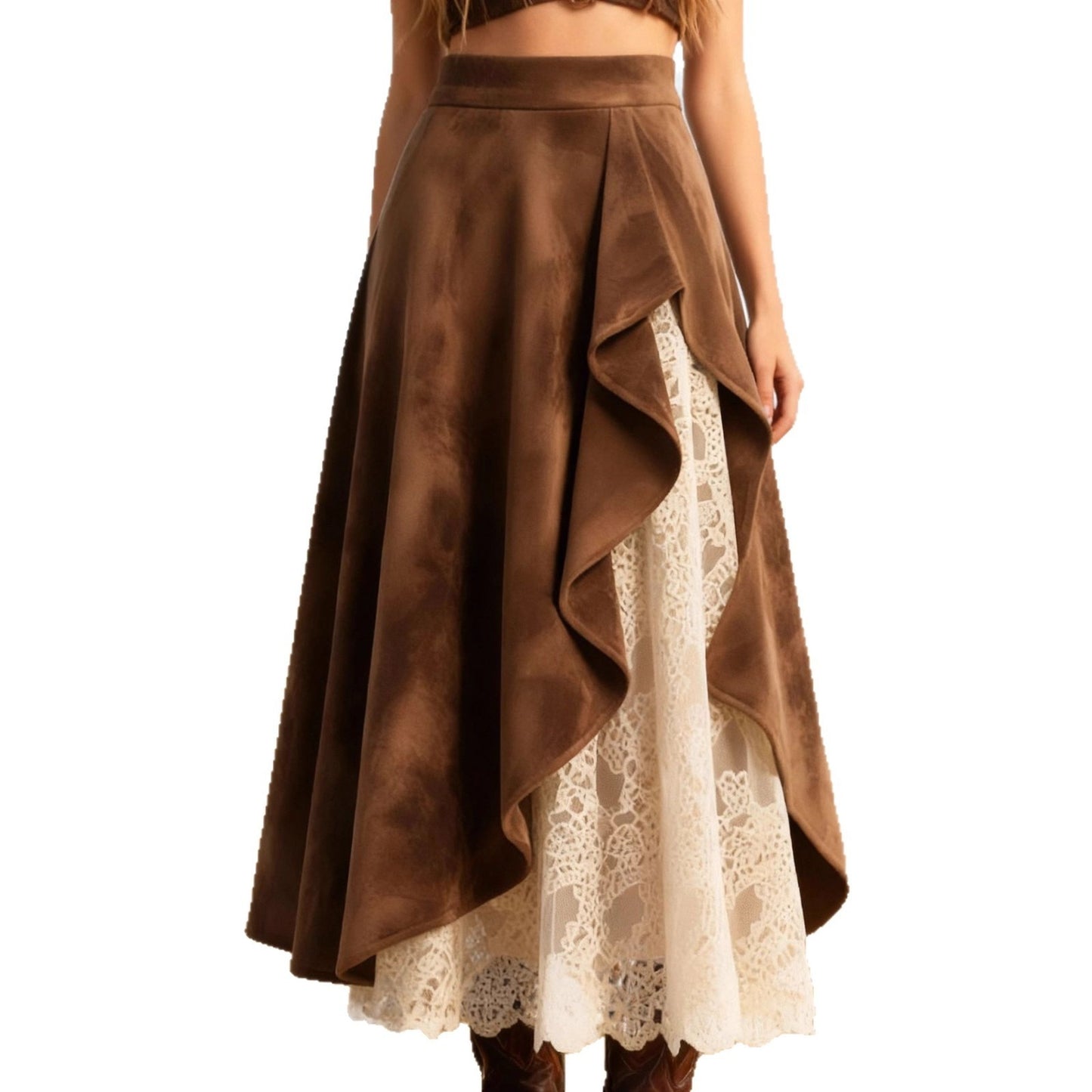 Retro Western-Style Suede & Lace Skirt