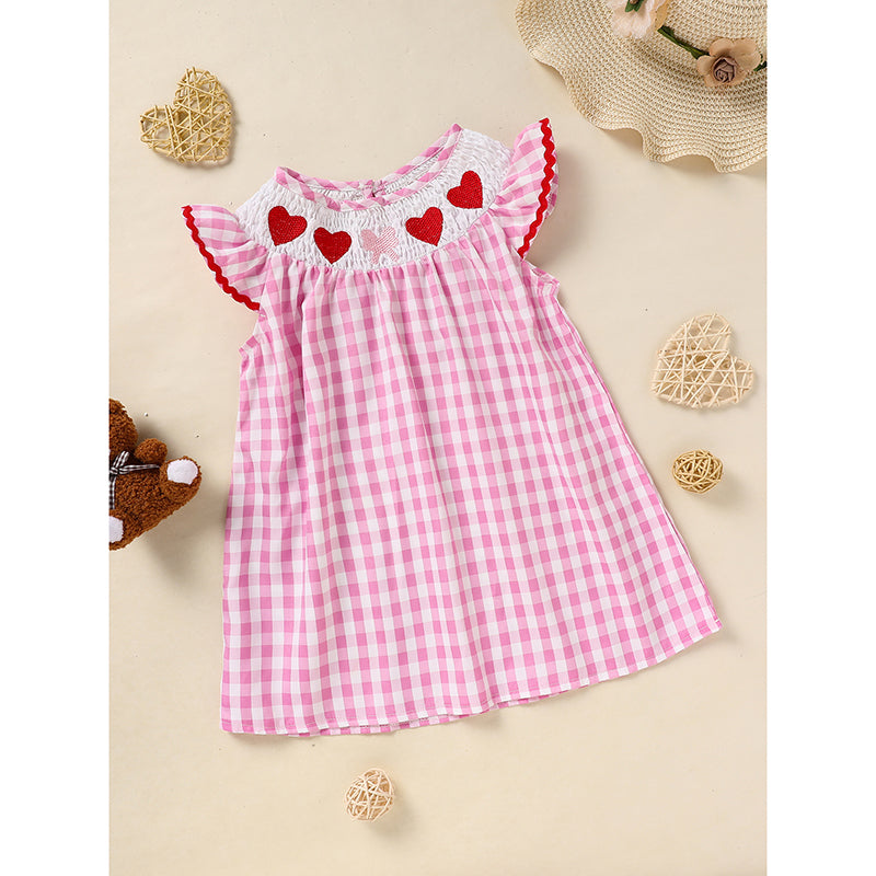 Baby Girls Dress Pink Plaid With Heart Embroidery