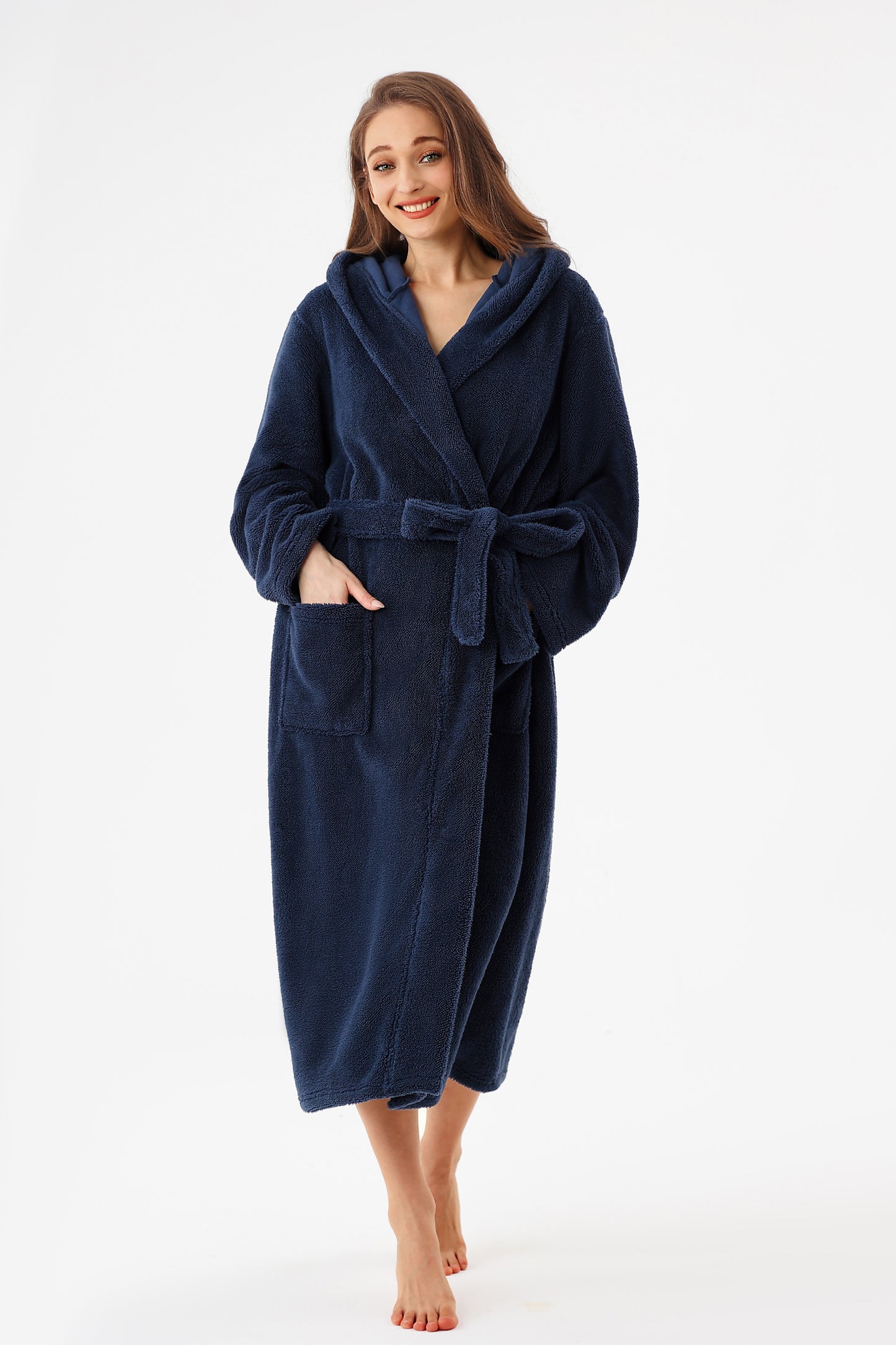 Women's Hooded Robe Long Plush Fleece Bathrobe