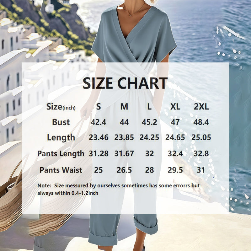 Women's 2-Piece Set Short Sleeve Cross V-Neck Top With Ruched Detail & Wide Leg Jumpsuit