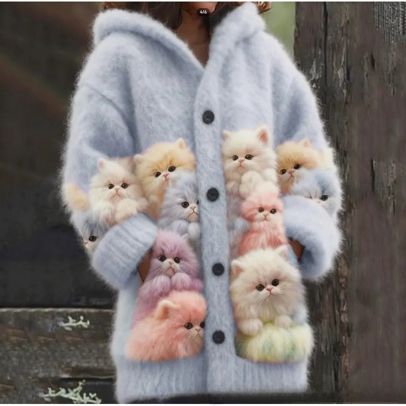 Cat Pattern 3D Printed Casual Hooded Cape Jacket