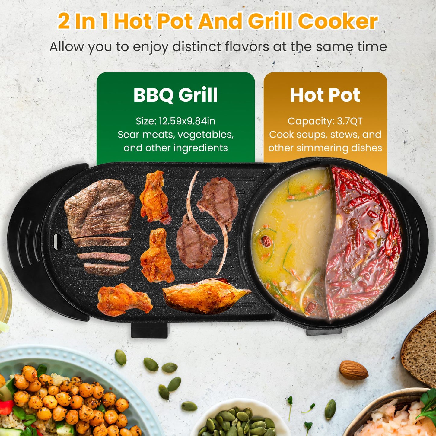 2200W 2 In 1 Electric Hot Pot With BBQ Grill Cooker
