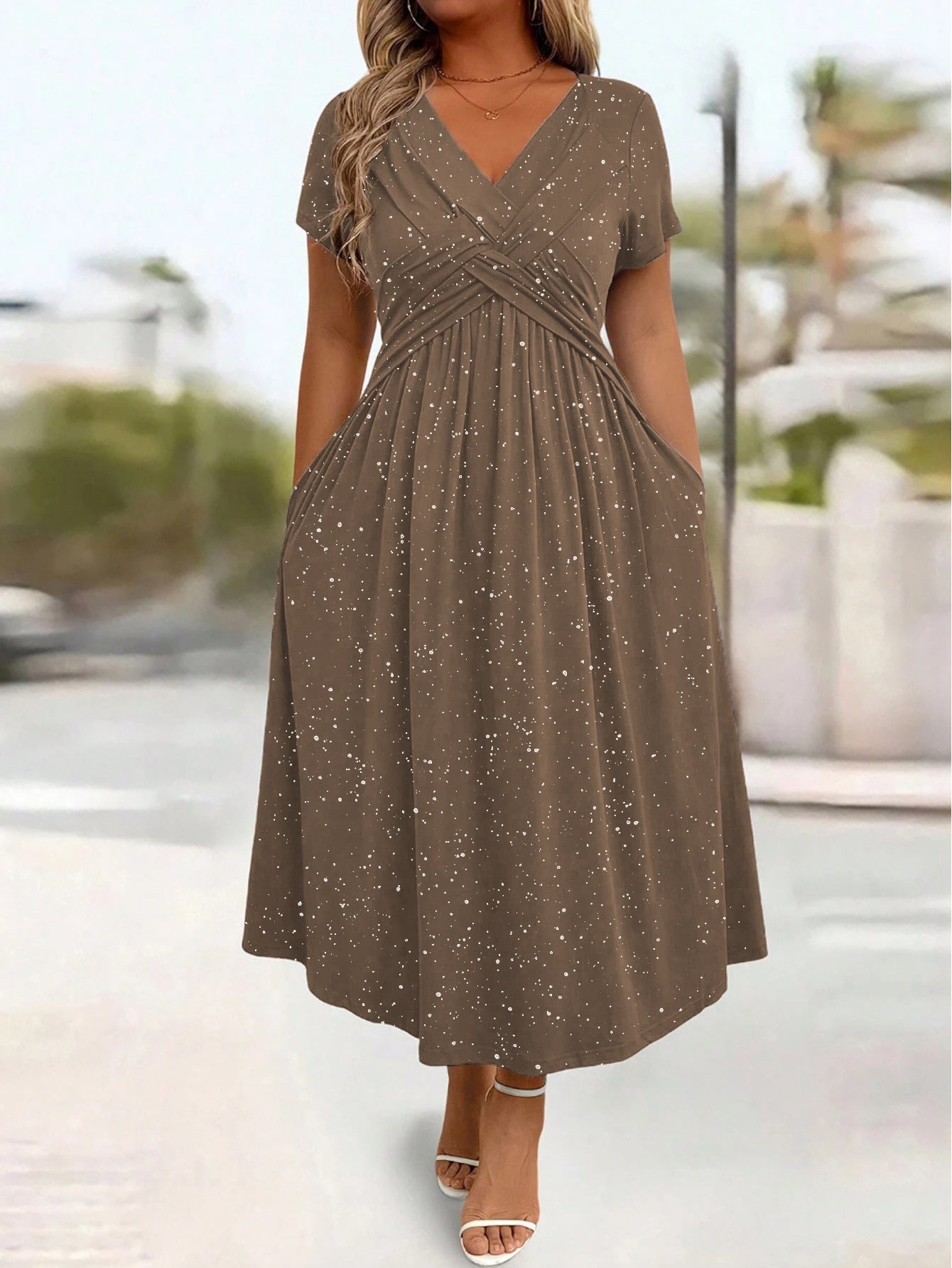 Women's Elegant Dress - Vneck Shimmering Powder Finish Twisted Ribbon