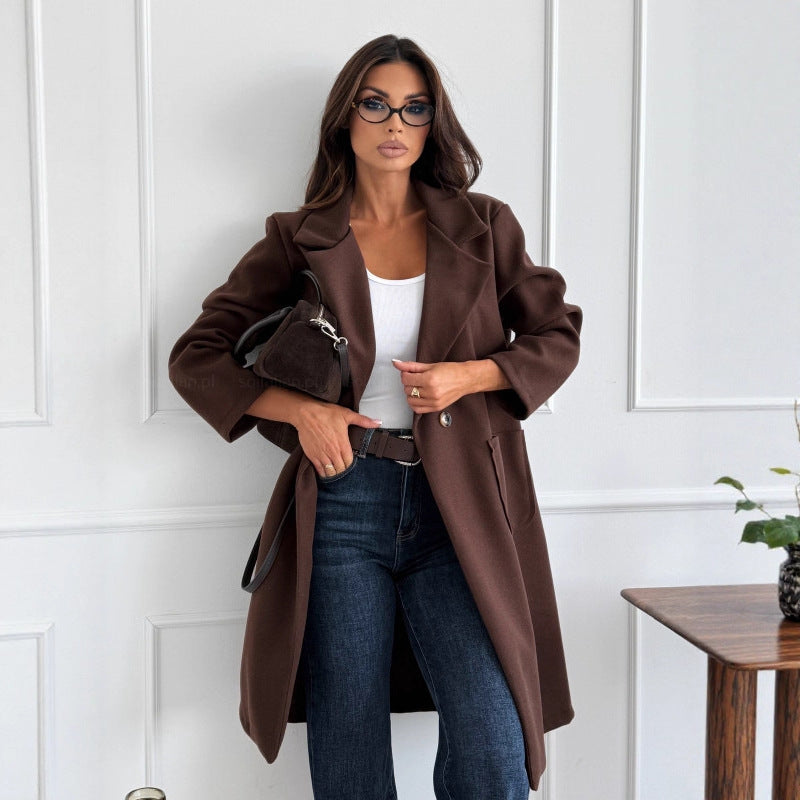 Women's Simple Solid Color Long Sleeve Single-breasted Wool Coat