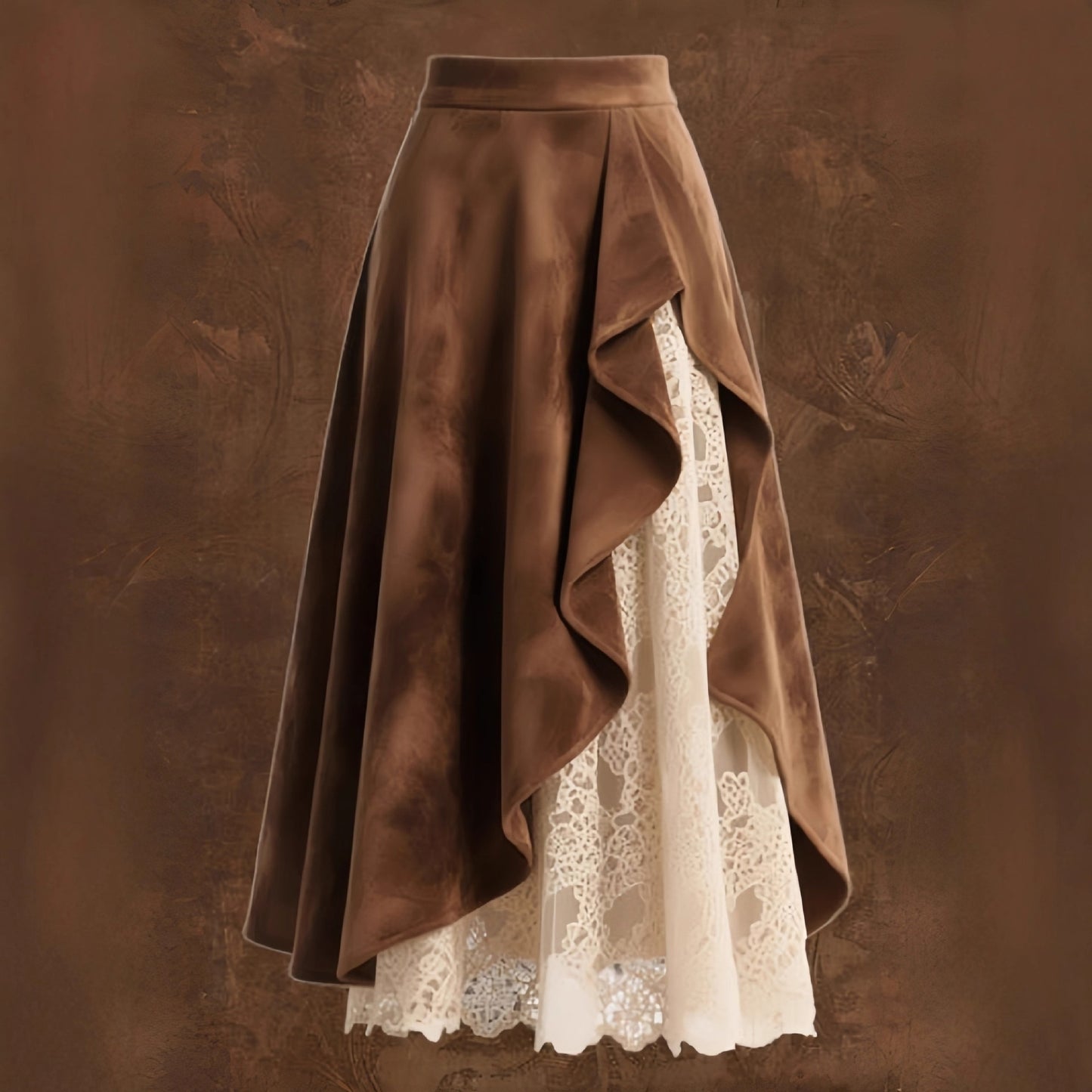 Retro Western-Style Suede & Lace Skirt