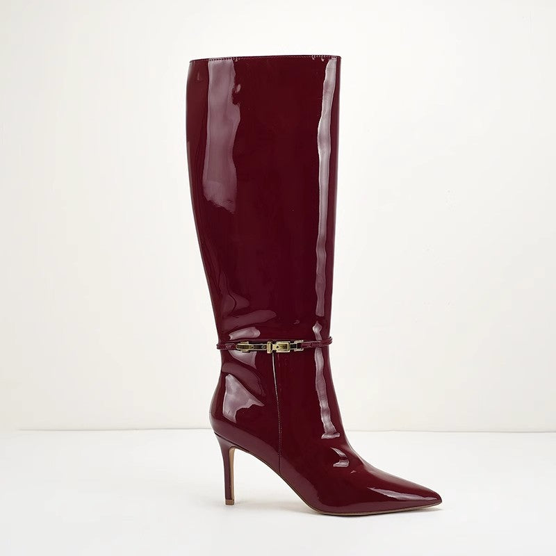 Stiletto-Heeled Leather Belt-Buckle Zip Thigh-high Boots