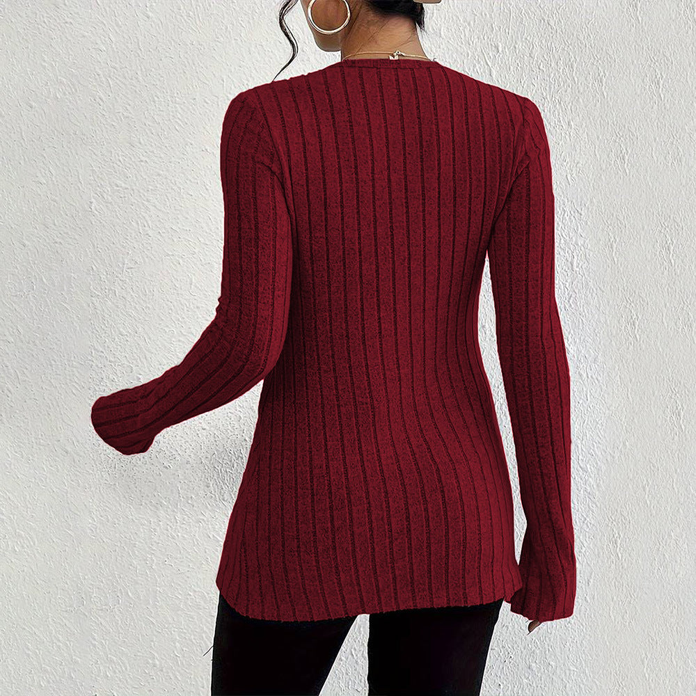 European & American - French Sexy Style V-neck T-shirt Long Sleeve Crop Top
