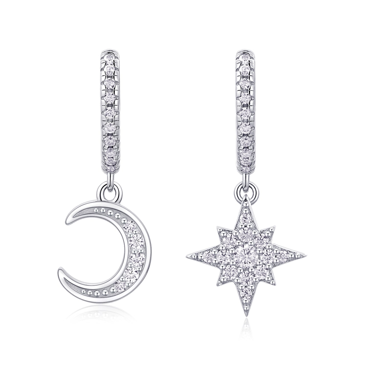 Star & Moon - Earrings & Stud Jewelry Set/Sterling Silver & Platinum-plated Diamonds